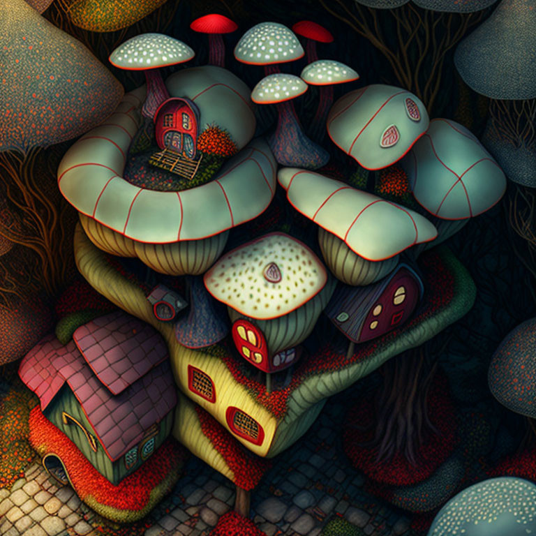 Colorful Mushroom-Shaped Fantasy Tree with Integrated Houses in a Mystical Forest