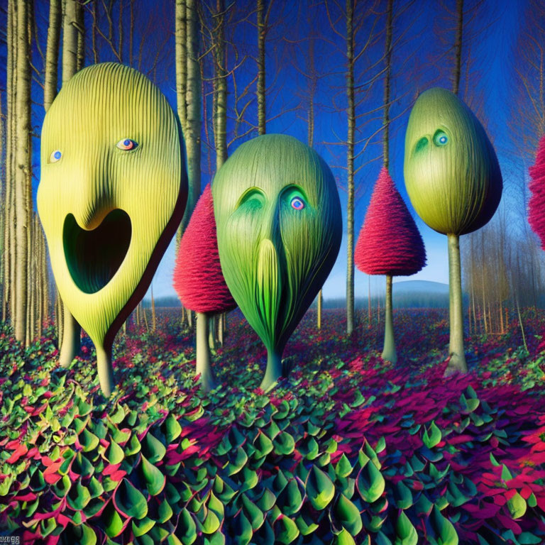 Colorful Surreal Artwork: Three Anthropomorphic Trees in Vibrant Forest