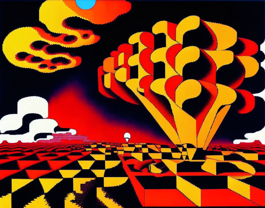 Surreal checkerboard landscape with exploding yellow shapes and fiery sky