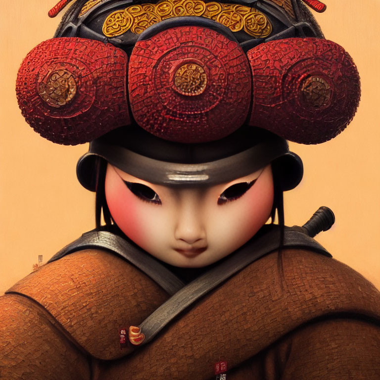 Illustration of character with stylized samurai helmet and traditional armor.