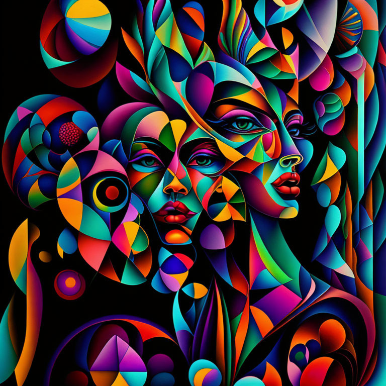 Abstract Digital Art: Colorful Human Faces with Floral & Geometric Patterns