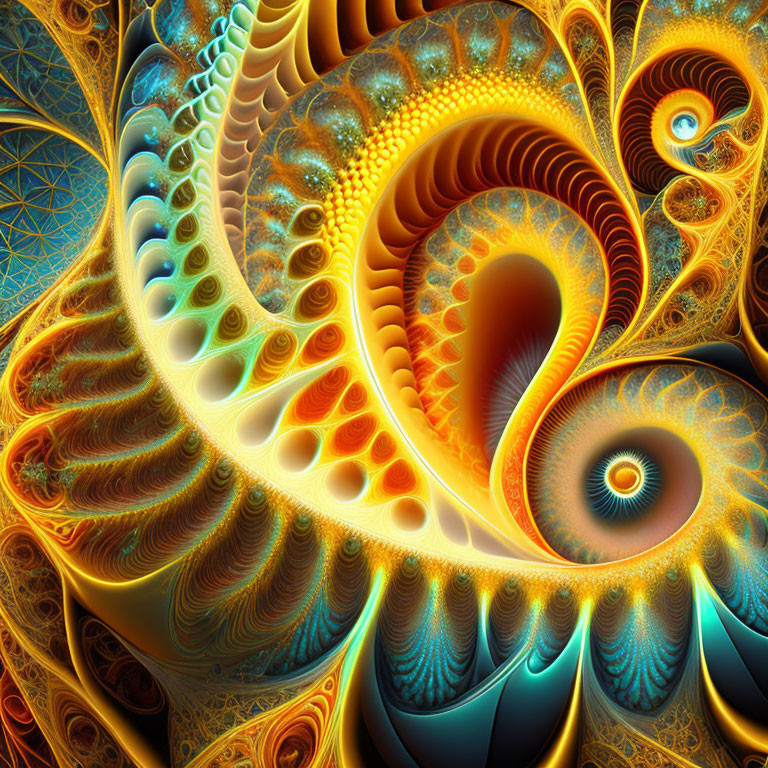 Colorful Blue, Gold, and Orange Fractal Swirl Patterns