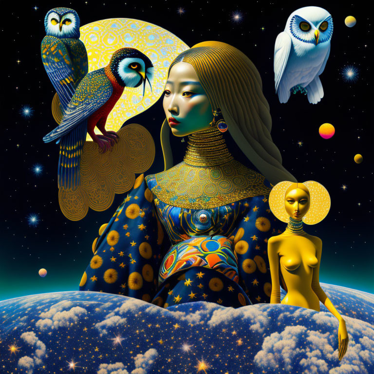 Surrealist image of serene woman and mannequin under starry sky with vibrant owls