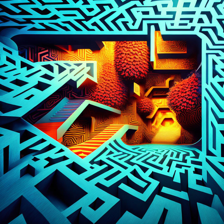 Vivid Blue Maze Digital Artwork with Autumn Forest and Staircases