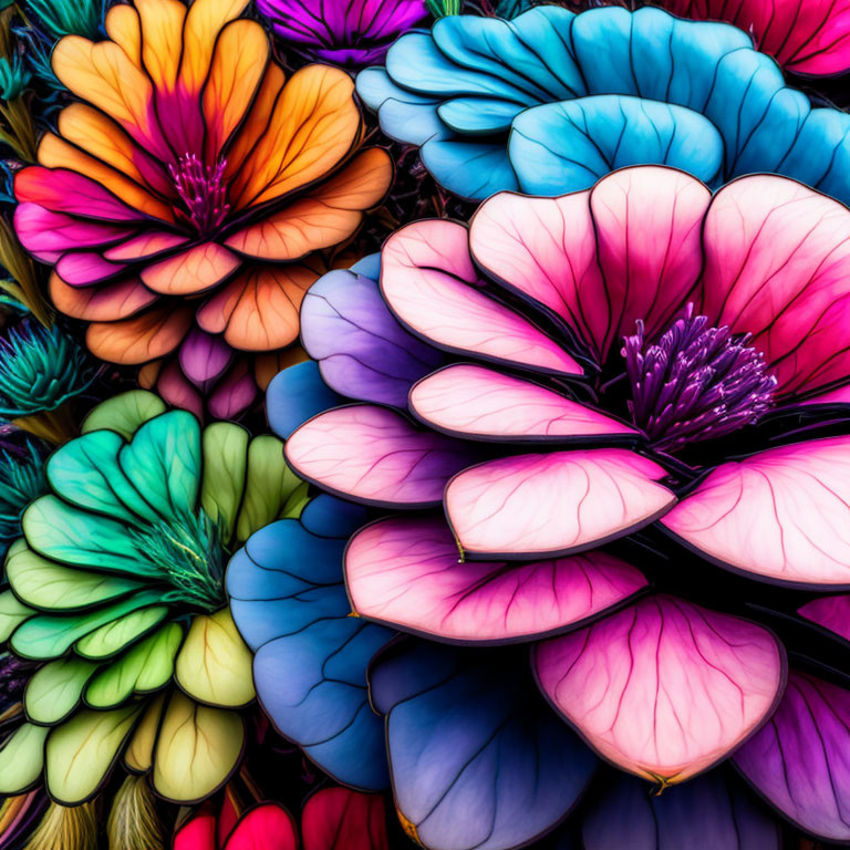 Colorful neon-like flowers in vivid purples, blues, pinks, and oranges