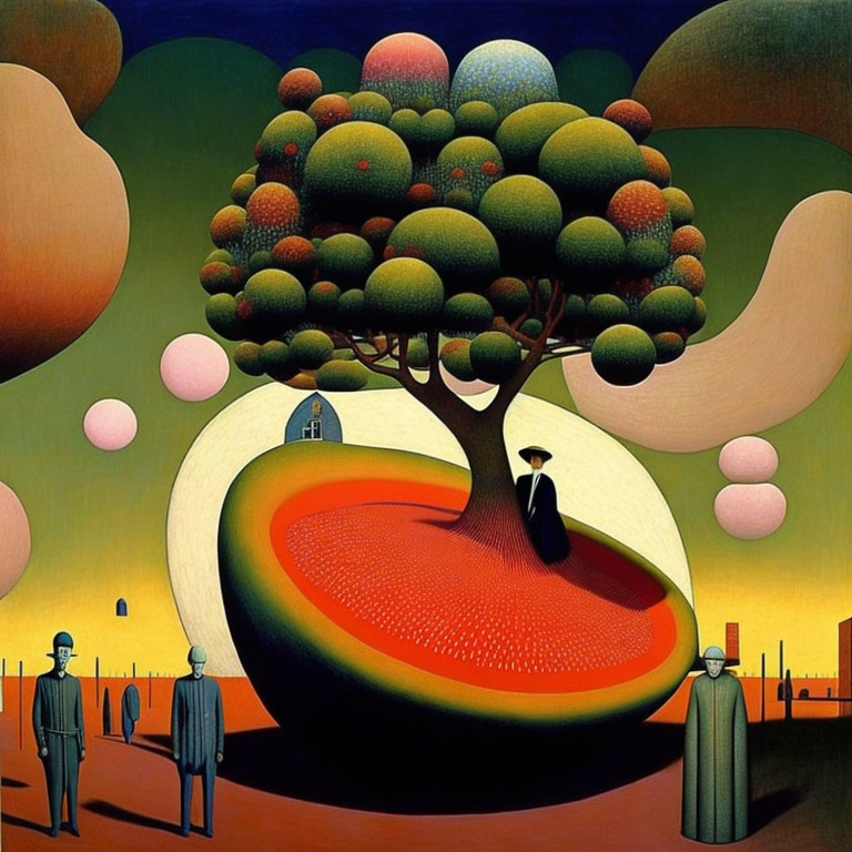 Surreal painting of large fruit-bearing tree and figures in stylized landscape