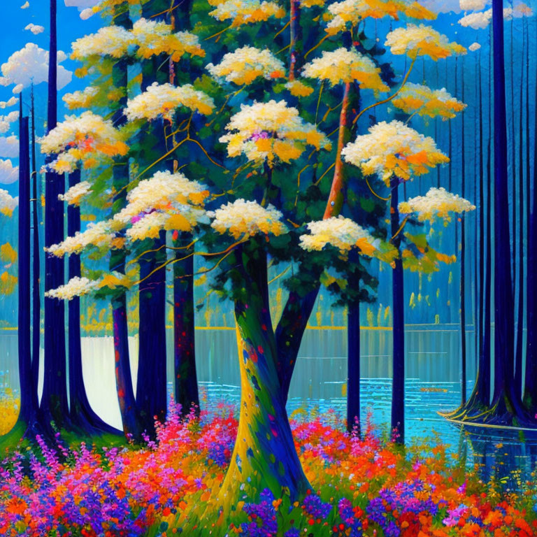 Colorful painting of lush forest with golden trees & wildflowers