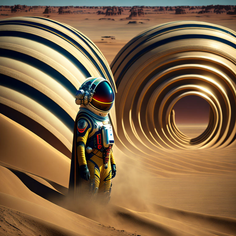 Astronaut in desert with surreal ringed planets.