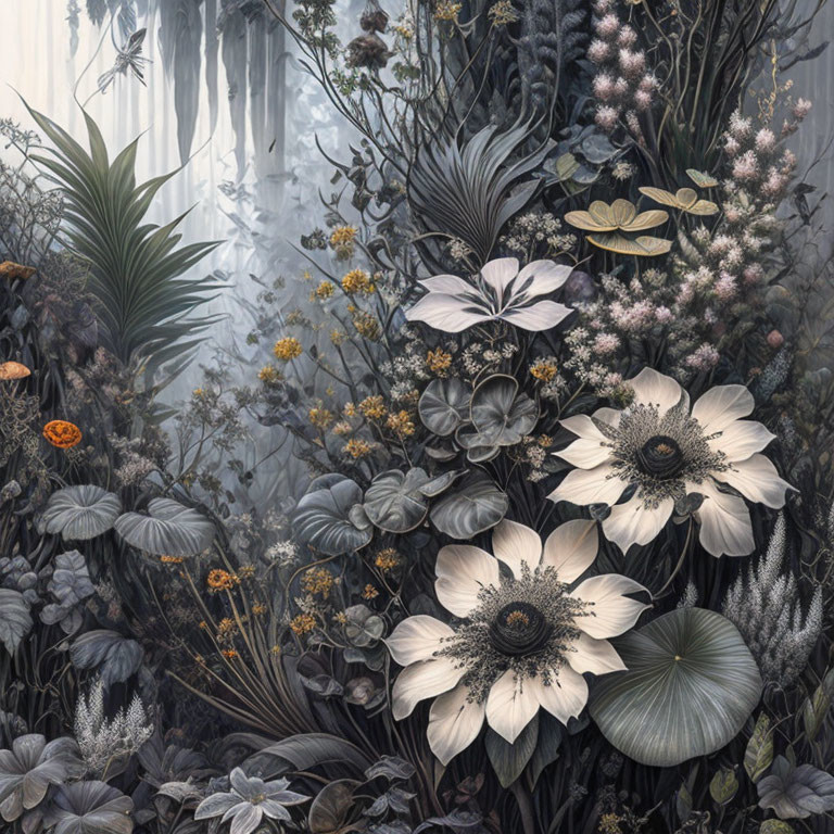 Detailed grayscale floral illustration with pops of color against misty backdrop