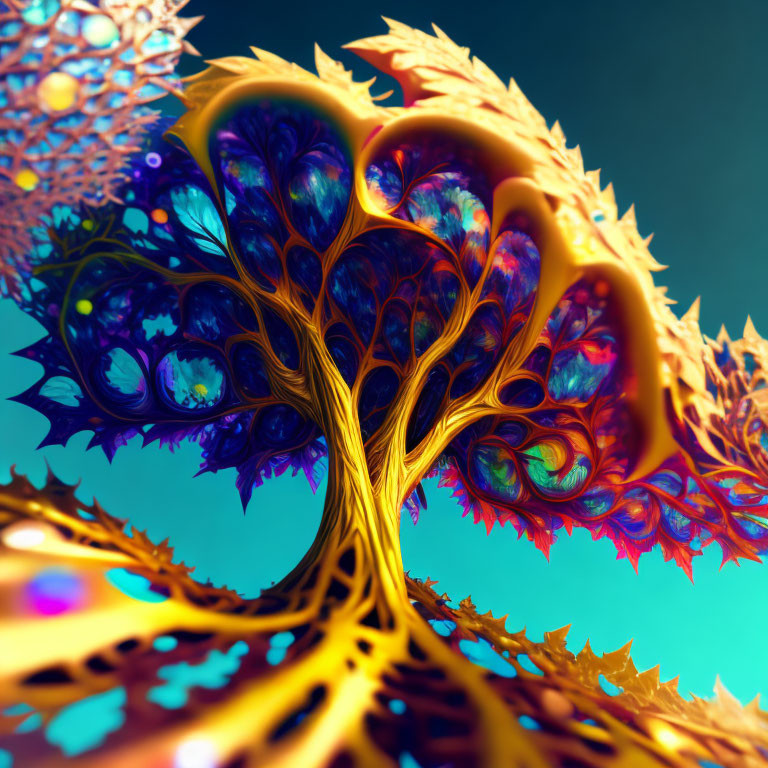 Colorful Fractal Tree with Heart Shape and Intricate Leaves