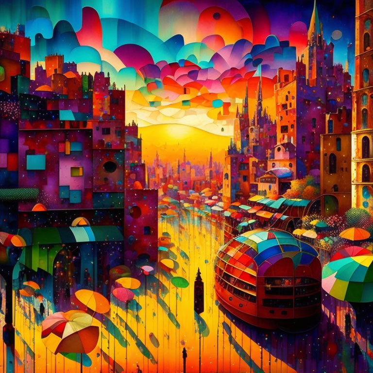 Colorful Surreal Cityscape with Floating Umbrellas and Setting Sun