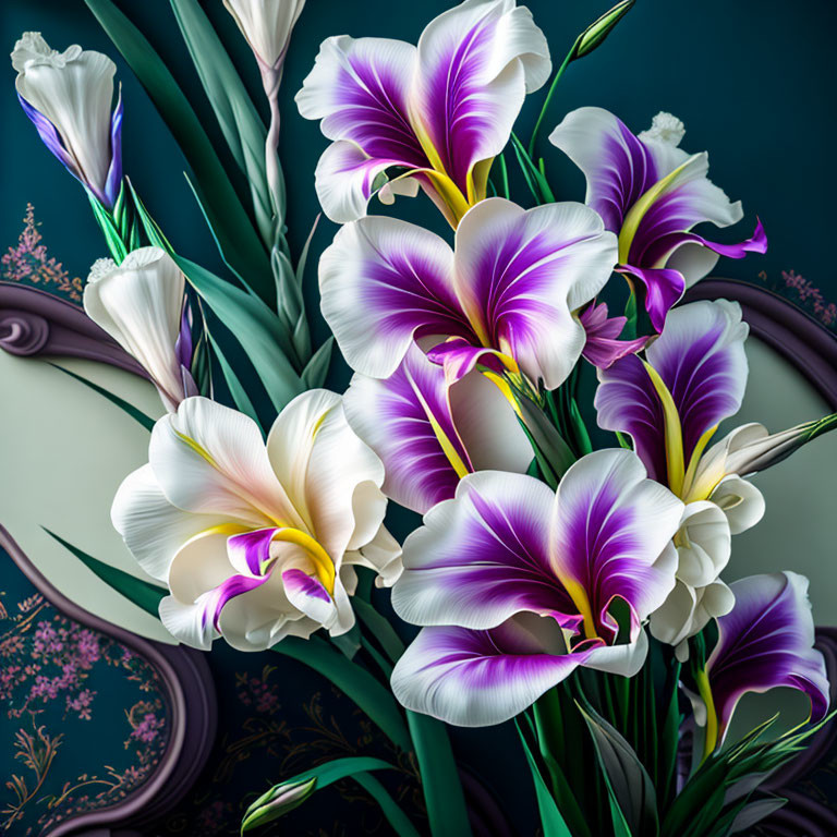 Purple and White Irises Bouquet on Dark Background with Yellow Accents