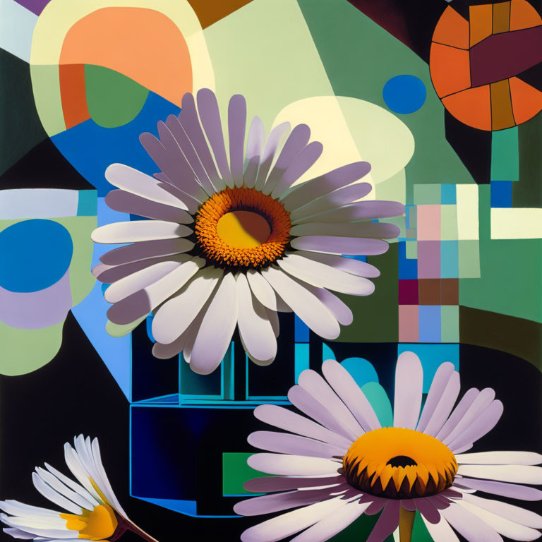 Colorful Abstract Painting with Stylized Daisies and Geometric Patterns