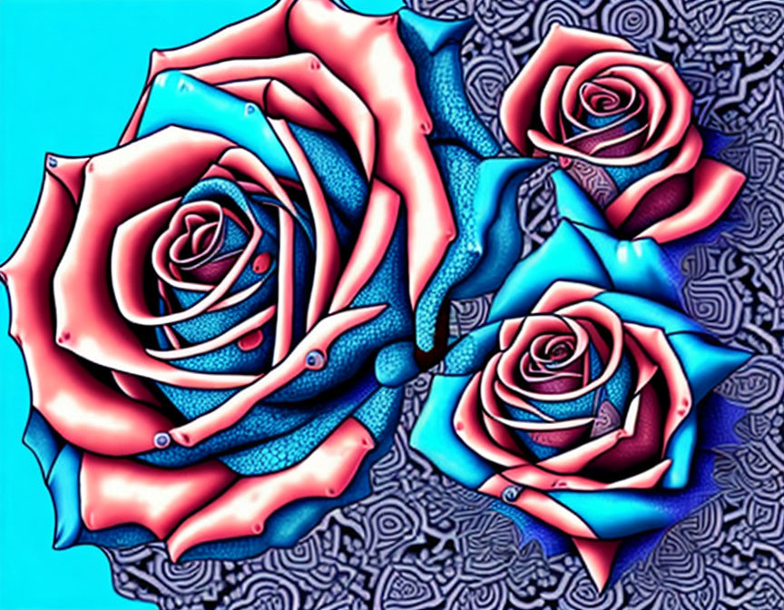 Digitally enhanced image of three stylized roses in vibrant blue and pink hues on textured background