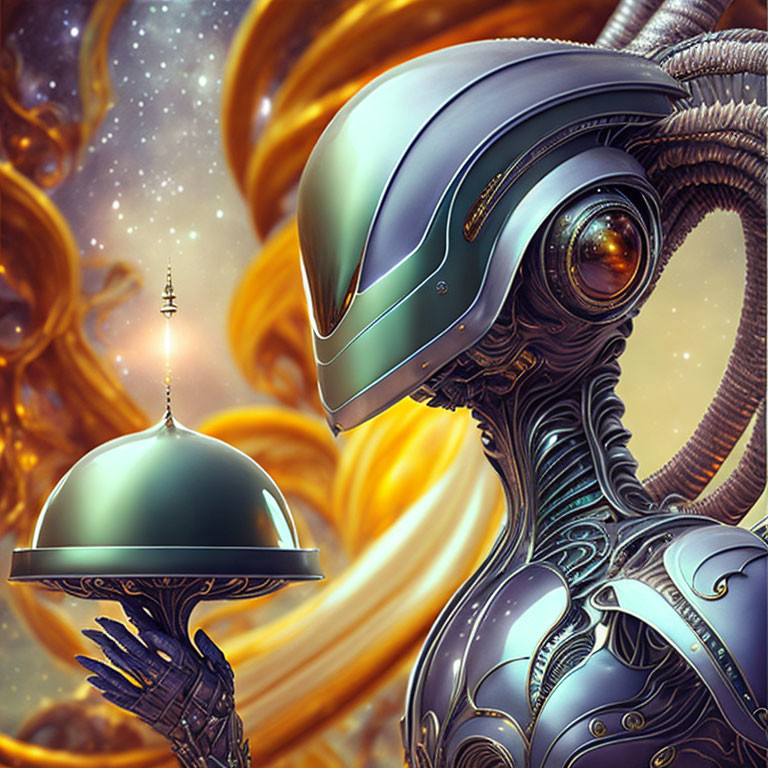 Detailed futuristic robot with sleek helmet holding silver sphere in cosmic background