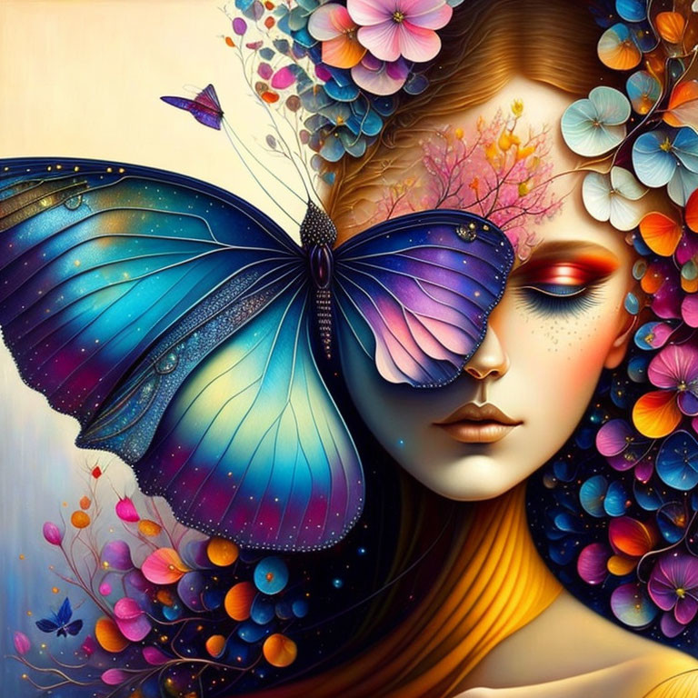 Colorful artwork: woman's face with butterfly wings & floral motifs, rich colors, intricate details,