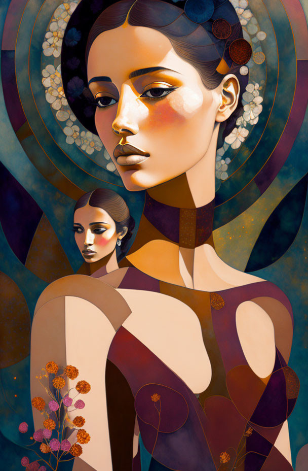 Colorful artistic illustration of two women with elongated necks and stylized features in a floral setting