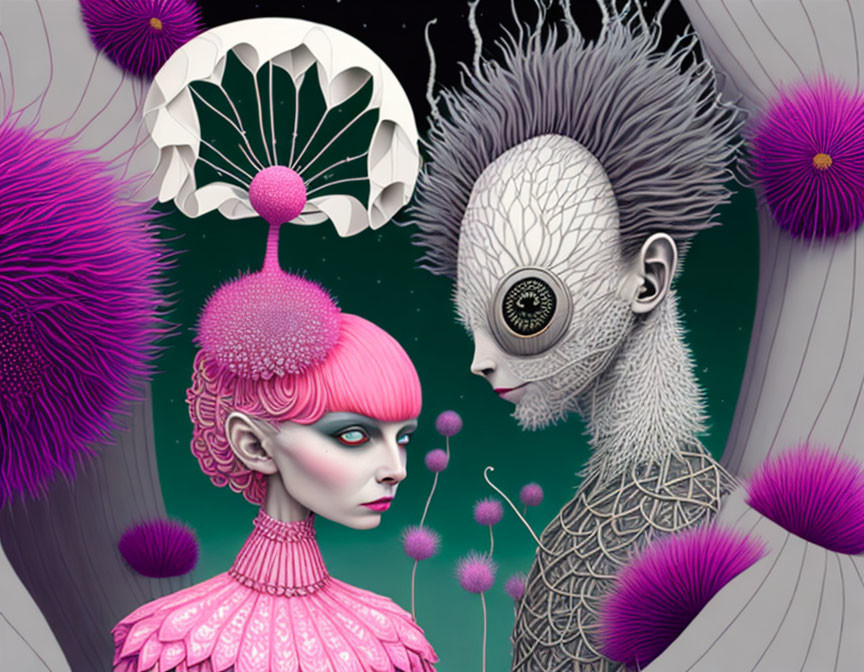 Digital Artwork: Two Figures with Unique Headpieces in Purple Flora