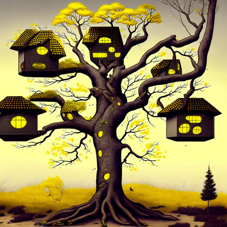 Illustrated tree with house-like structures in branches on yellow backdrop.