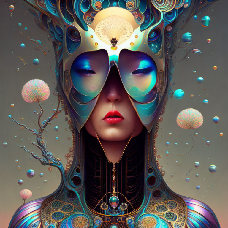 Colorful surreal portrait with decorative headgear and floating orbs