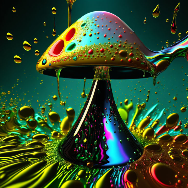 Colorful alien mushroom digital artwork with liquid droplets in surreal setting