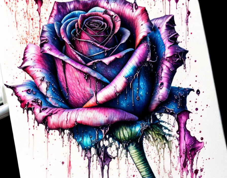 Colorful painting of rose with purple and blue hues and dripping paint