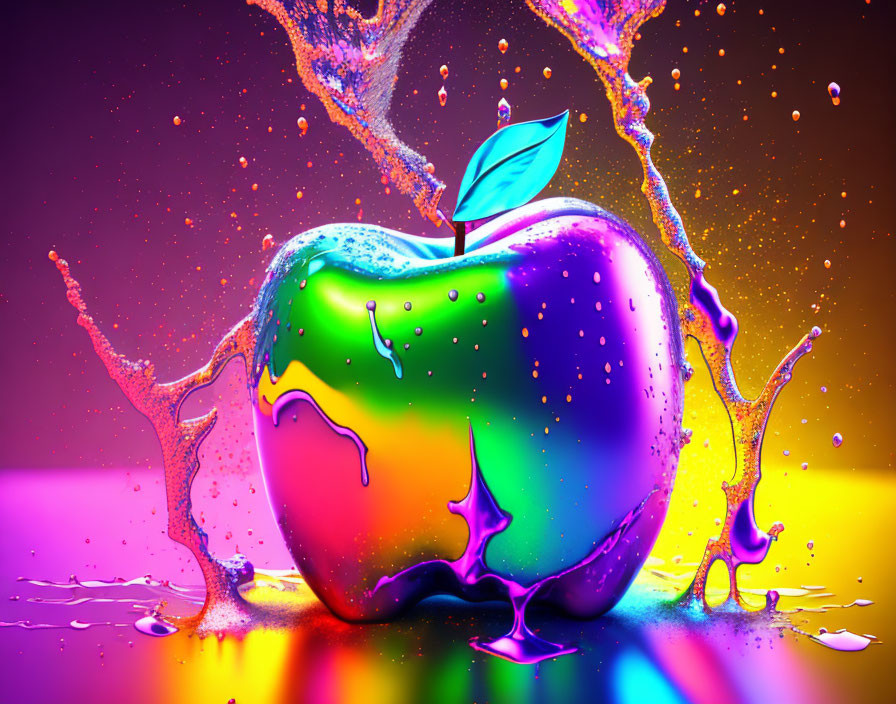 Multicolored apple with splashing liquid on gradient background