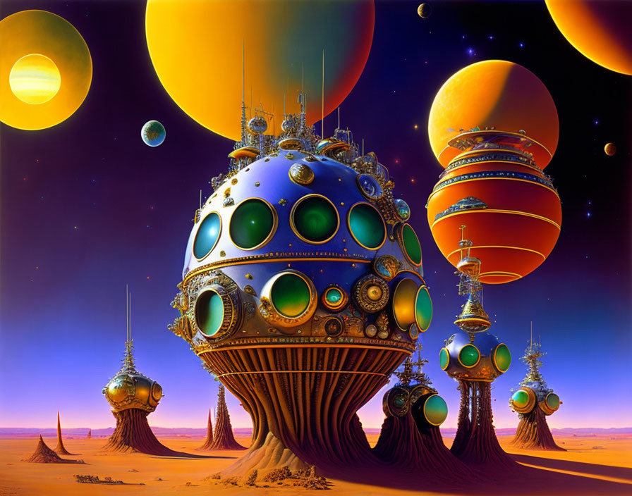 Vibrant futuristic landscape with spherical structures and alien sky.