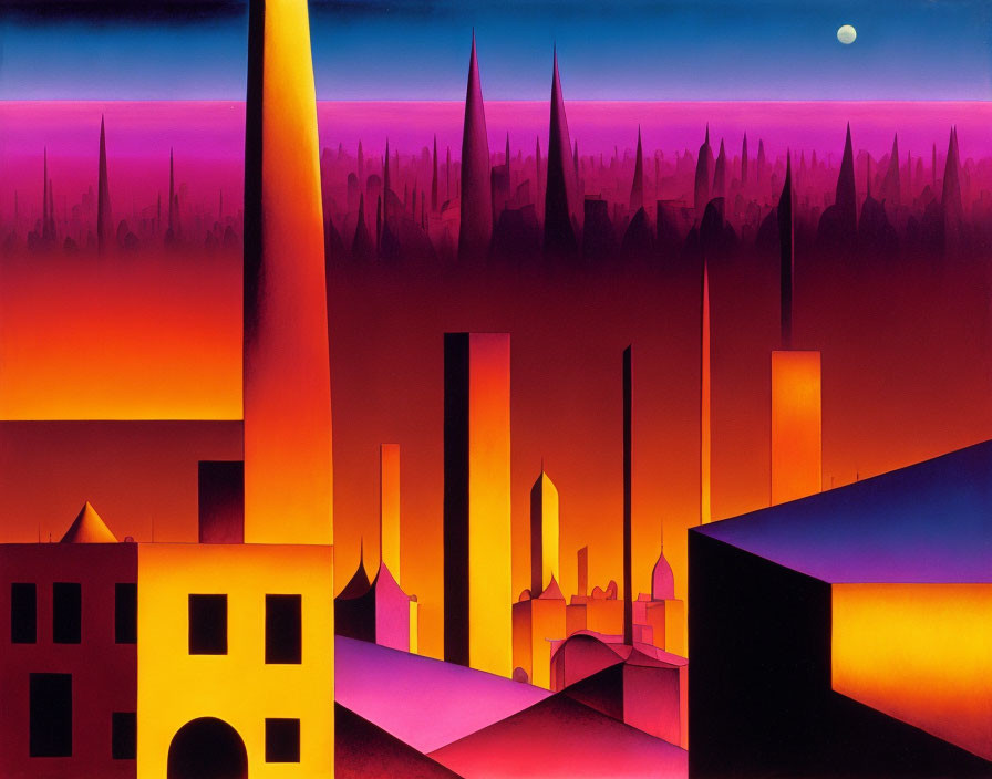 Surreal landscape with stylized buildings under gradient sky and crescent moon