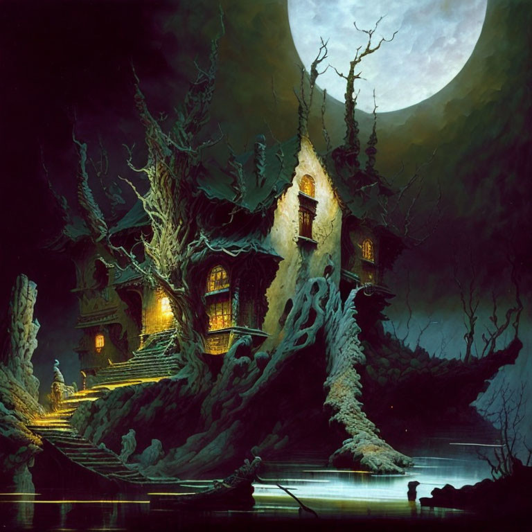 Spooky old mansion at night with figure by lake