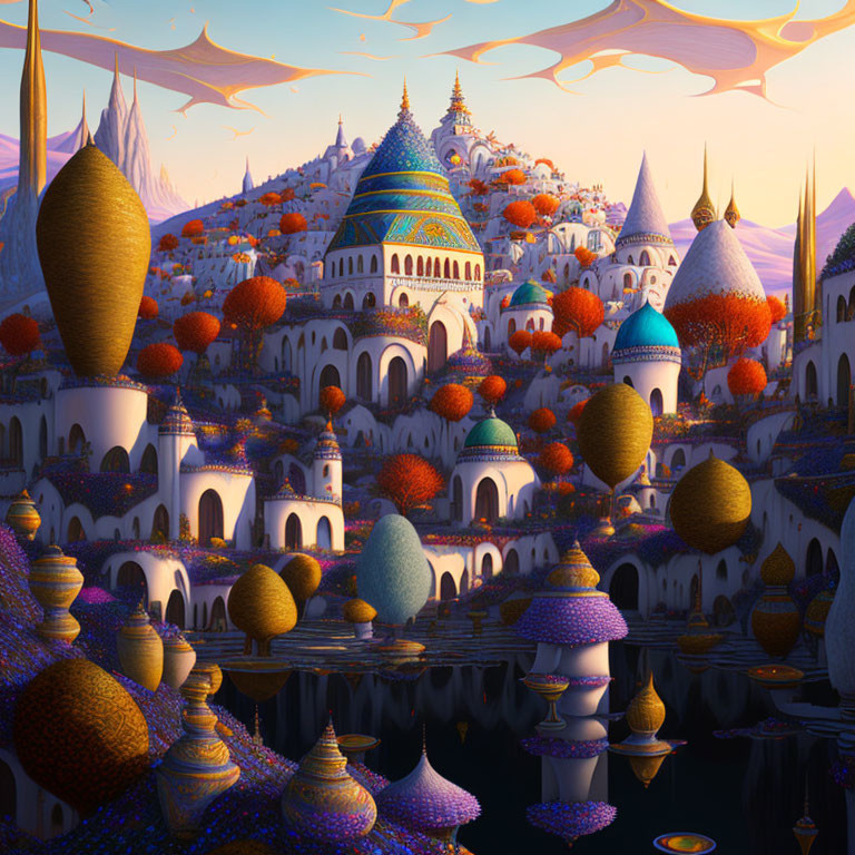 Vibrant, colorful domed buildings in fantastical landscape