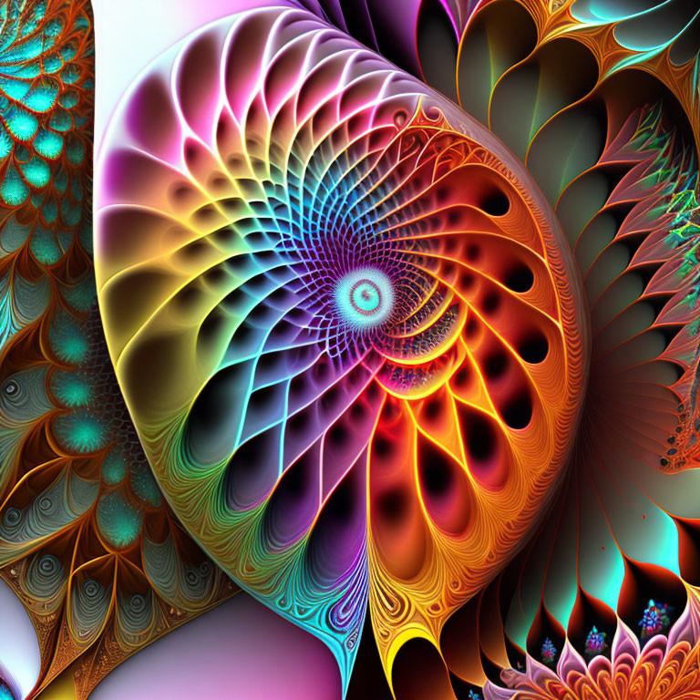 Colorful Spiral Fractal with Teal, Pink, and Orange