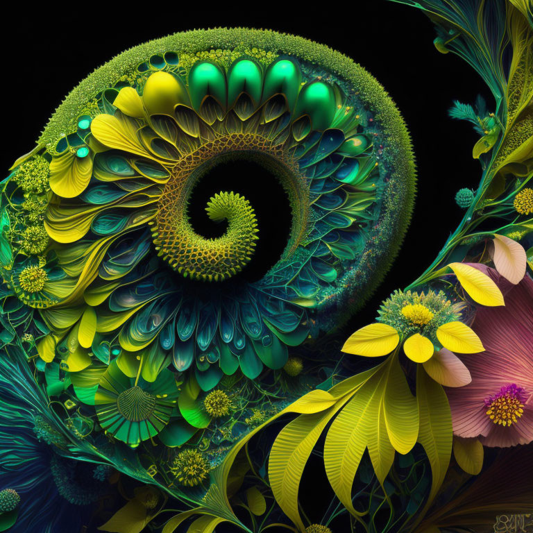 Colorful digital fractal art: Green, yellow, and teal spiral patterns on black.