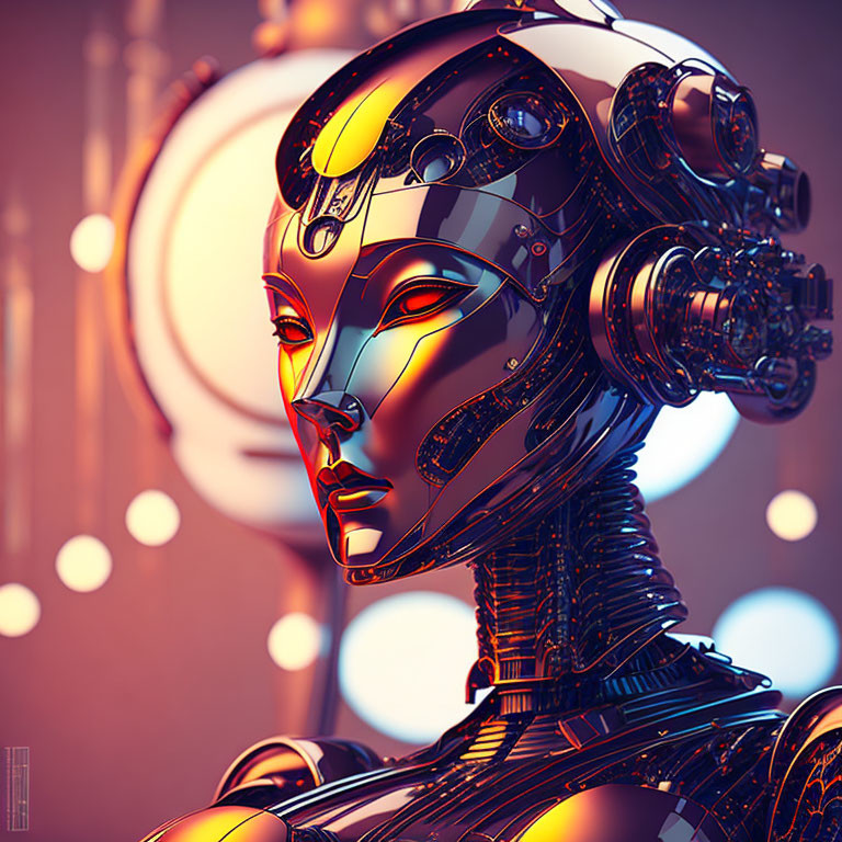 Detailed portrait of female robot with reflective metallic surface and intricate mechanical parts.