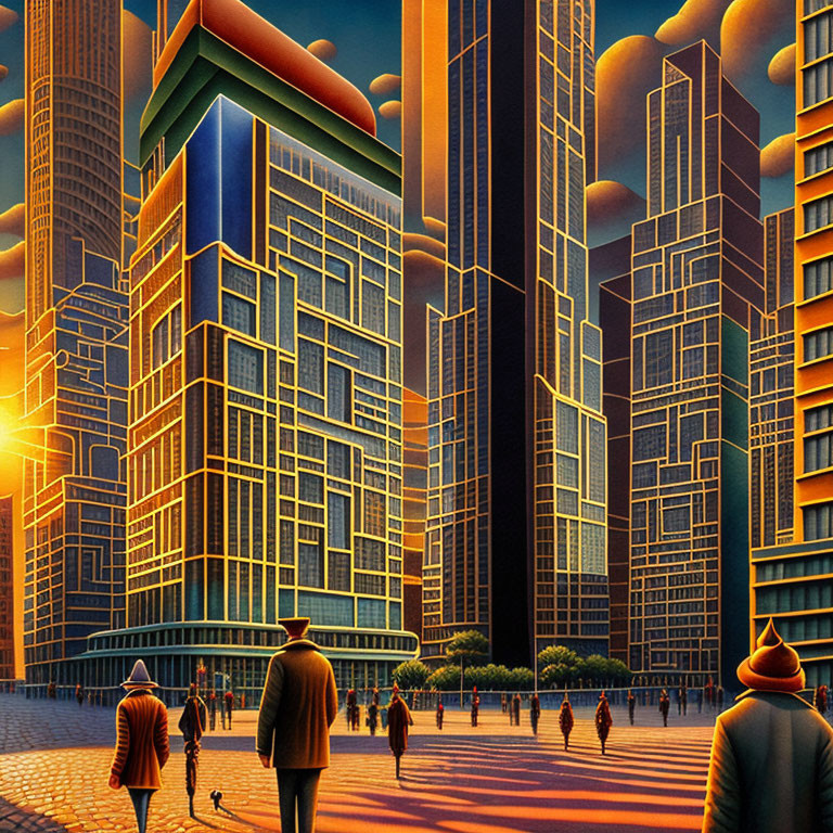 Artwork of People in Plaza with Skyscrapers in Golden Sunlight