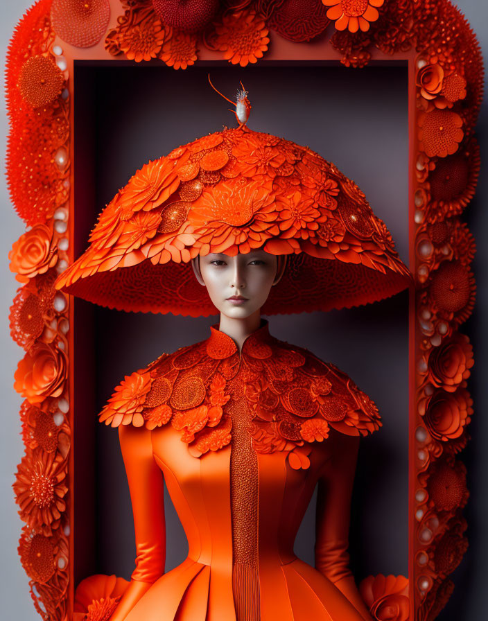 Mannequin in ornate orange dress and hat with floral patterns, set in monochromatic display