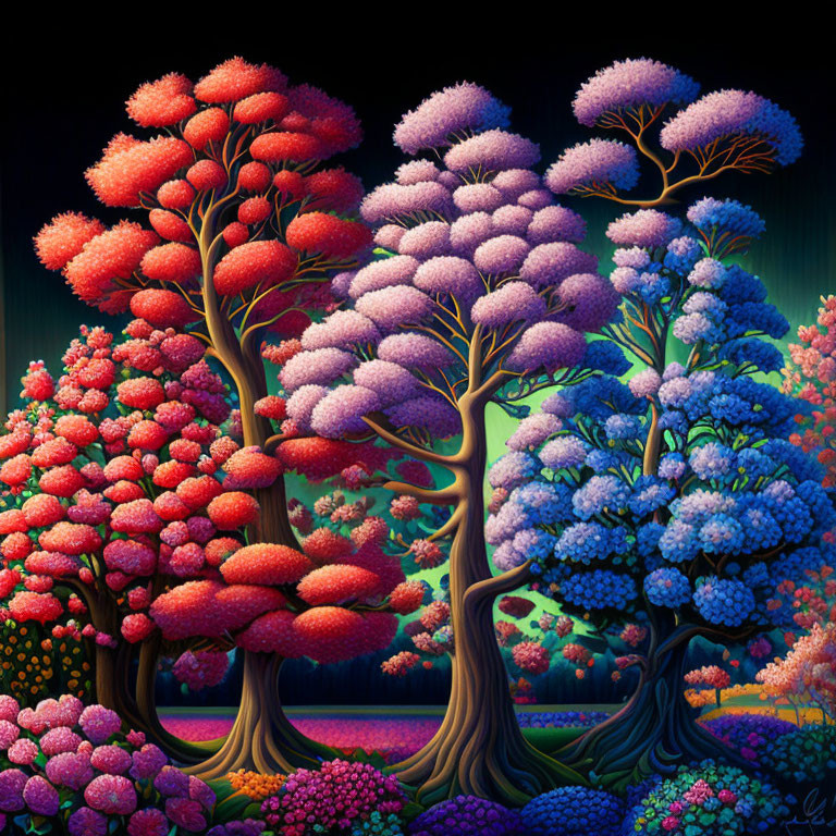 Vibrant Tree Painting with Red, Purple, and Blue Foliage