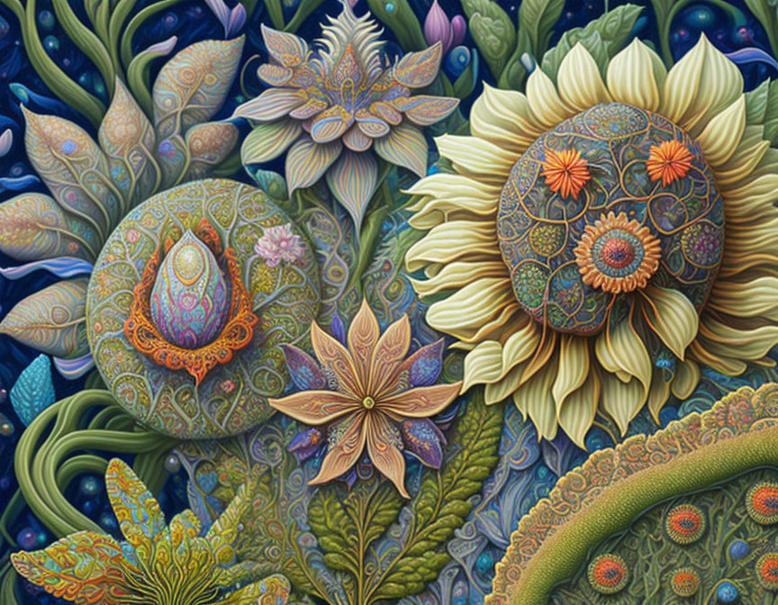 Detailed Floral Illustration with Sunflower & Jewel Tones