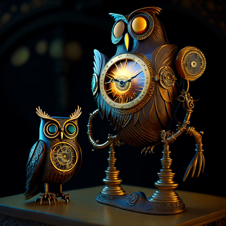 Mechanical owls with gear and clockwork features on ornate backdrop