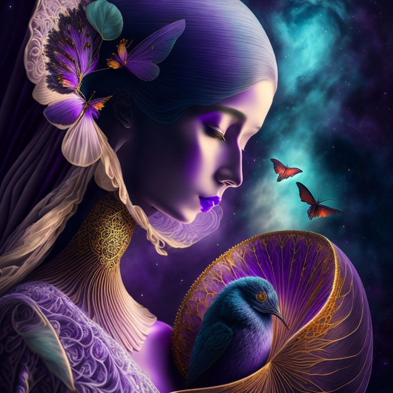 Purple-skinned woman with gold jewelry in cosmic setting