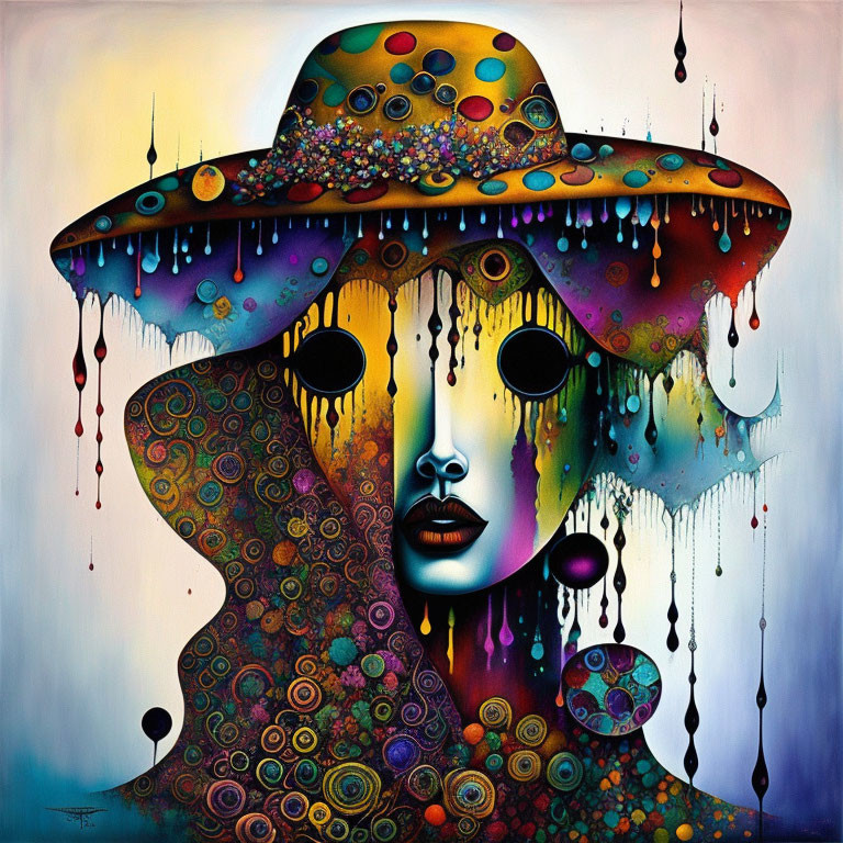 Colorful Hat Figure with Dripping Elements and Hollow Eyes