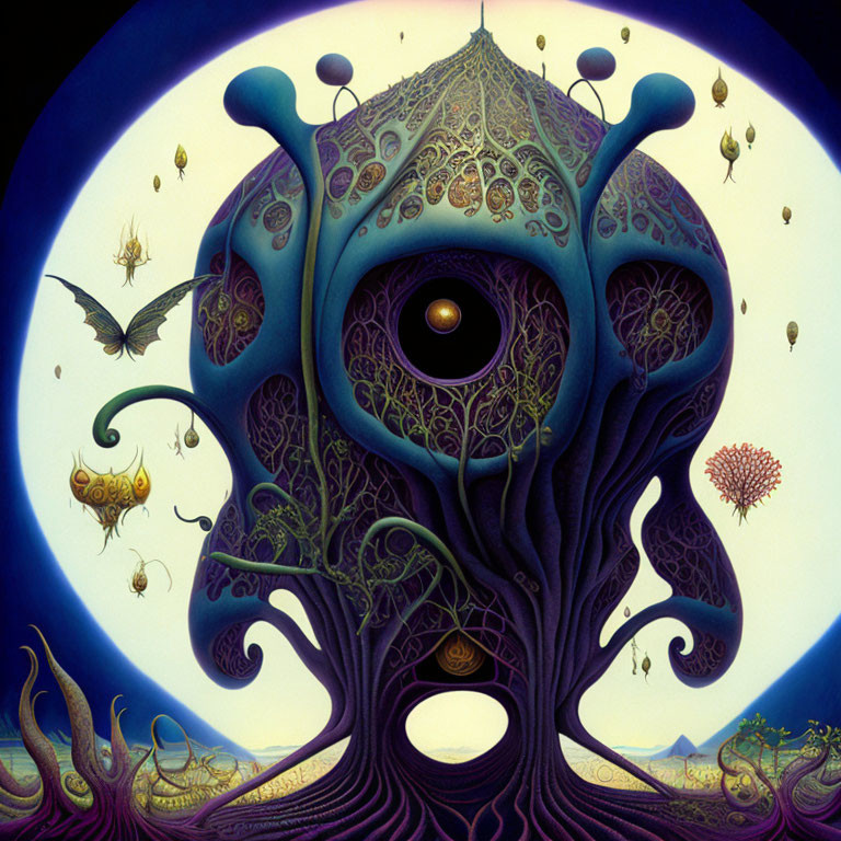 Surreal Tree with Eye: Cosmic Scene and Creatures