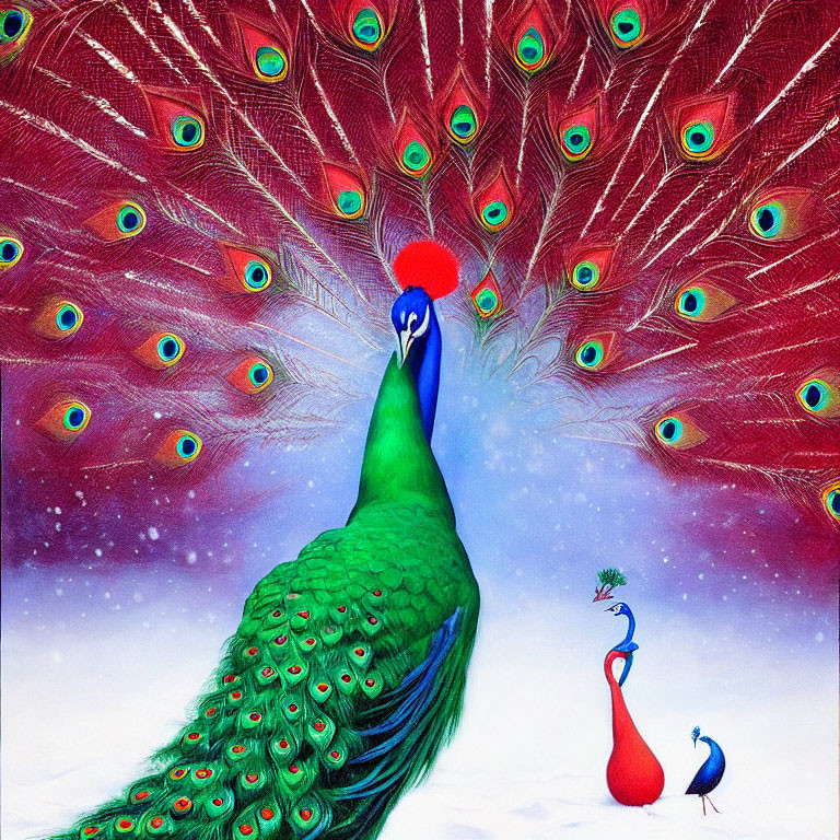 Colorful Peacock Displaying Elaborate Tail Feathers in Whimsical Scene