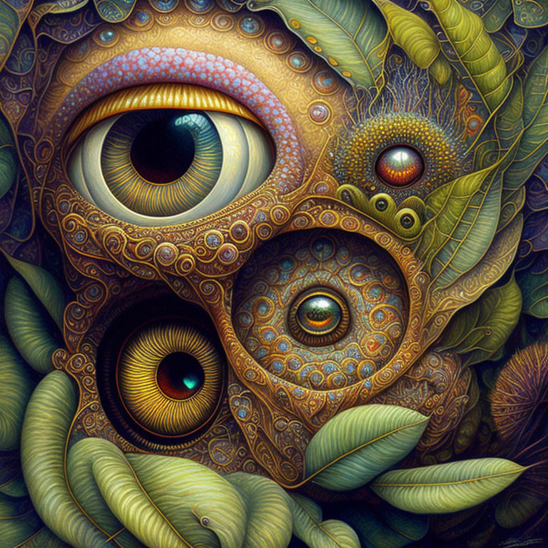 Surreal artwork with hyper-detailed eyes and leaf-like patterns