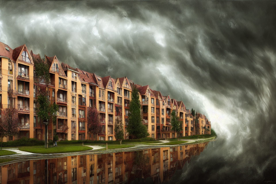 Dramatic image: Apartment buildings reflected in water under stormy sky