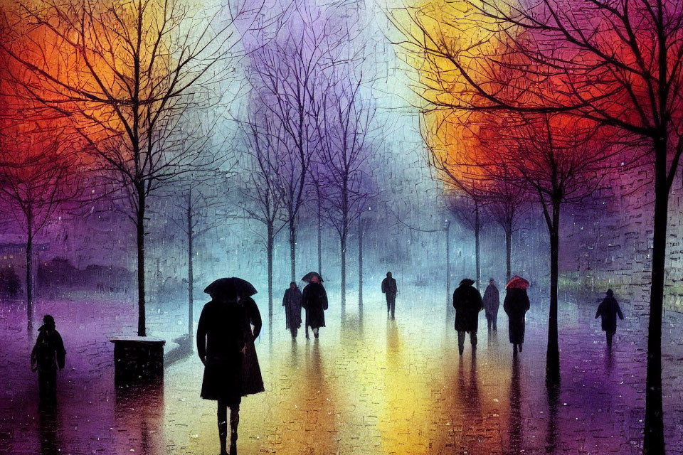 Vibrant painting of people with umbrellas on rain-soaked street