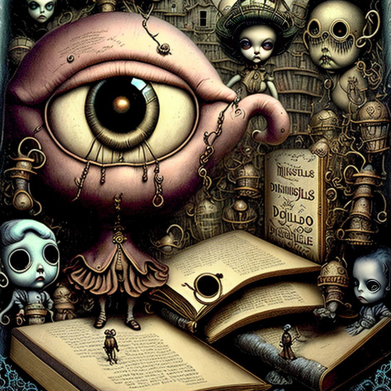 Surreal illustration featuring giant eye, gothic dolls, mysterious books, clockwork elements