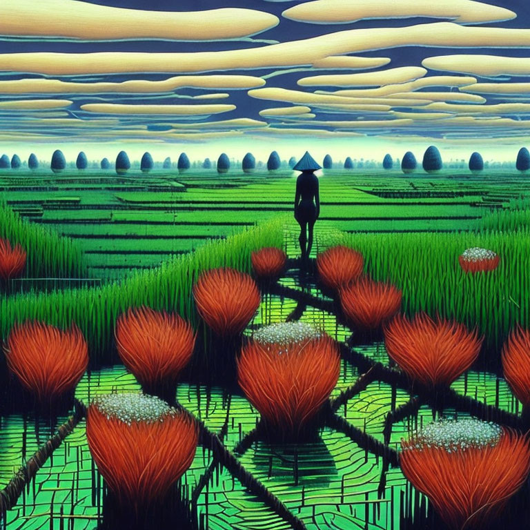 Person walking in vibrant rice paddies with red lotus flowers under surreal sky