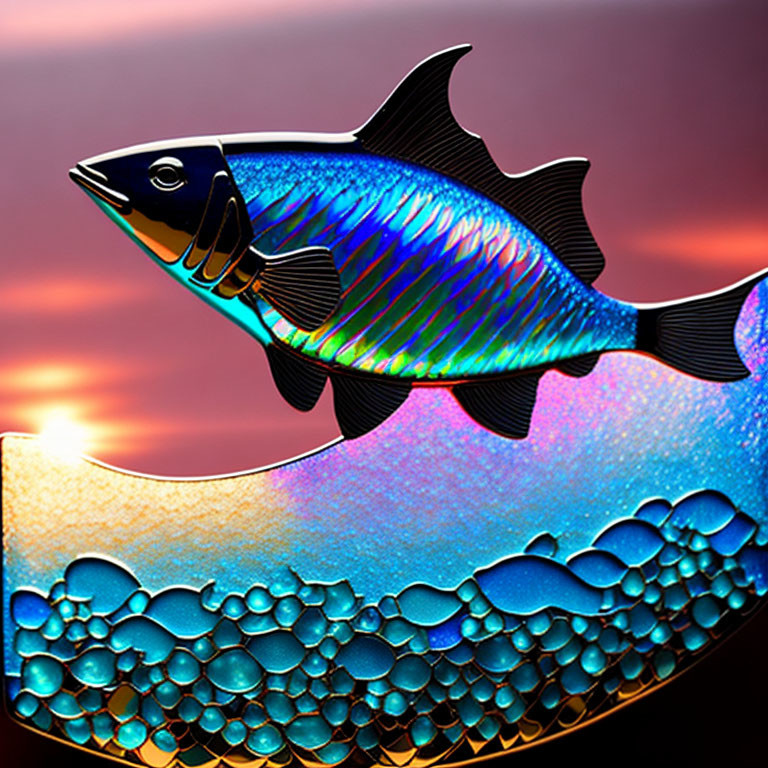 Colorful fish illustration leaping over water at sunset