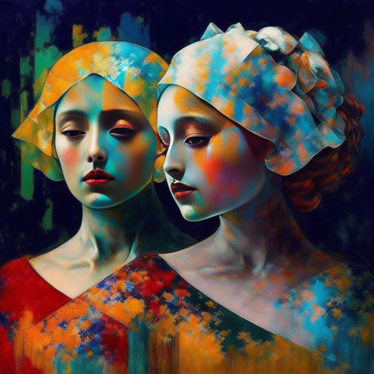 Colorful surreal portrait of two women in patterned headscarves and flowing garments